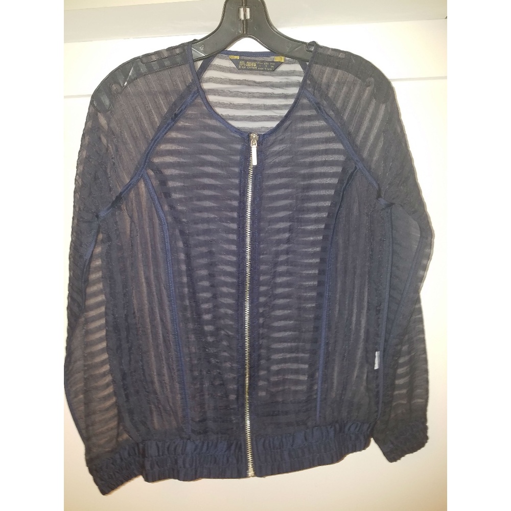 Zara Navy Striped Sheer Zip-Up Jacket (Never Worn)